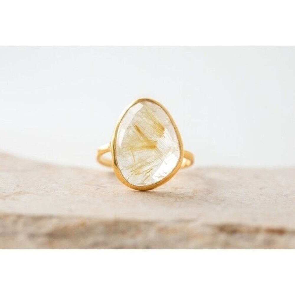 Statement Ring Gold Rutile Quartz Gold Vermeil Beautiful Faceted Rutile Quartz - Picture 7 of 15